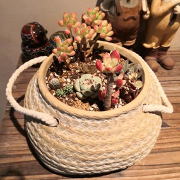 Ceramic Flower Pot with Woven Bag Look and Rope Handles – Decorative Planter for Home and Garden