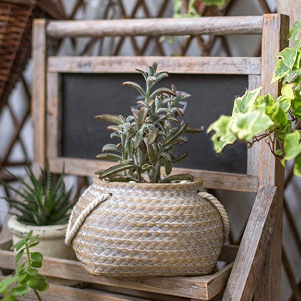 Ceramic Flower Pot with Woven Bag Look and Rope Handles – Decorative Planter for Home and Garden