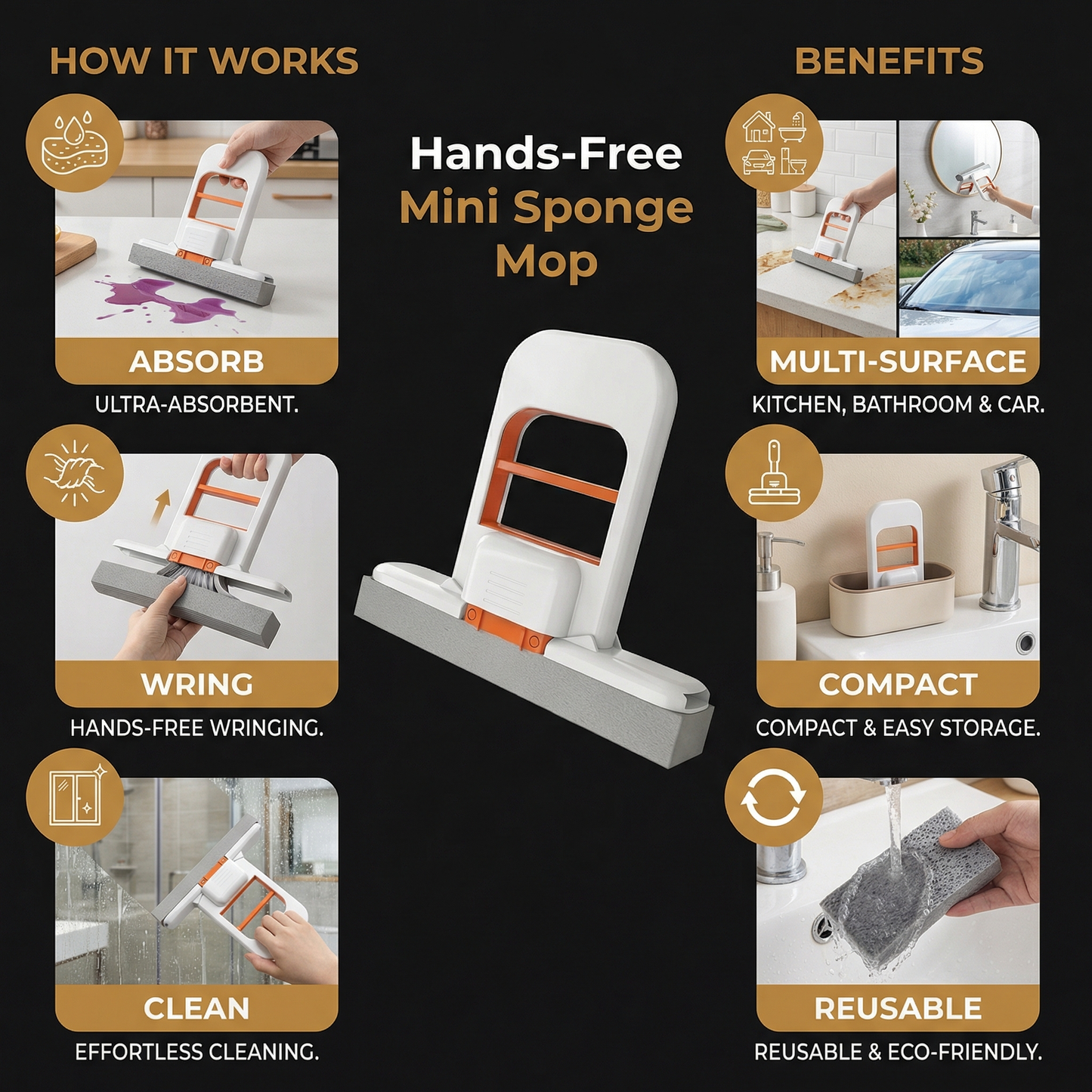 Hands-Free Mini Sponge Mop – Ultra-Absorbent All-Purpose Cleaning Mop for Kitchen, Bathroom & Car